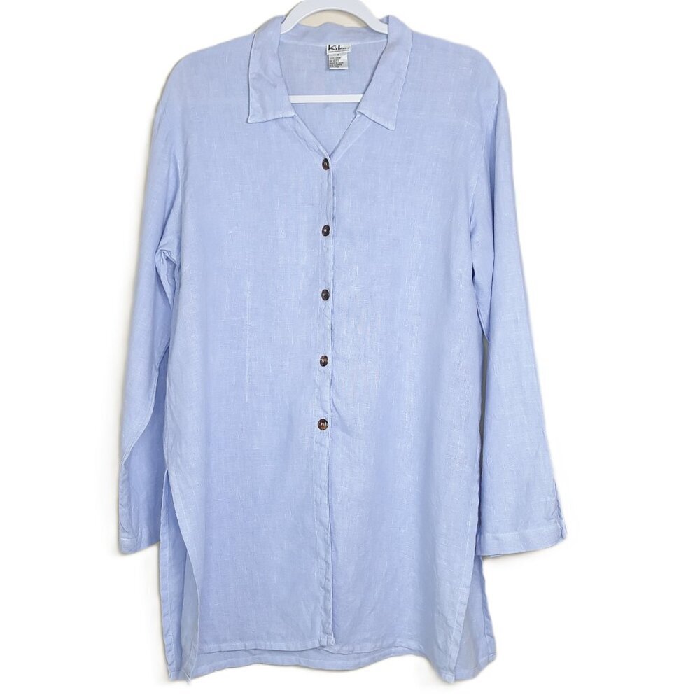 Kiko Linen Button Up Tunic Top Blue M Lagenlook Coastal